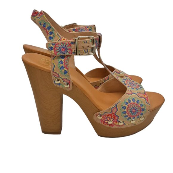 Gianni Bini Embroidered Mandala Faux Wood Clog Platform Sandals SZ 8.5 - Picture 2 of 16